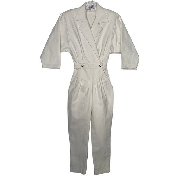 Vintage Venezia Sportswear White Denim Jumpsuit 80s Power Suit Cinched Waist XXS - Picture 2 of 16